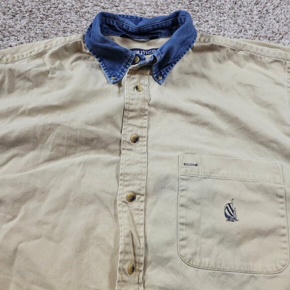 Nautica Shirt Mens XL Beige Oxford Long Sleeve Sailing Crest Denim Collar Retro - Picture 3 of 8